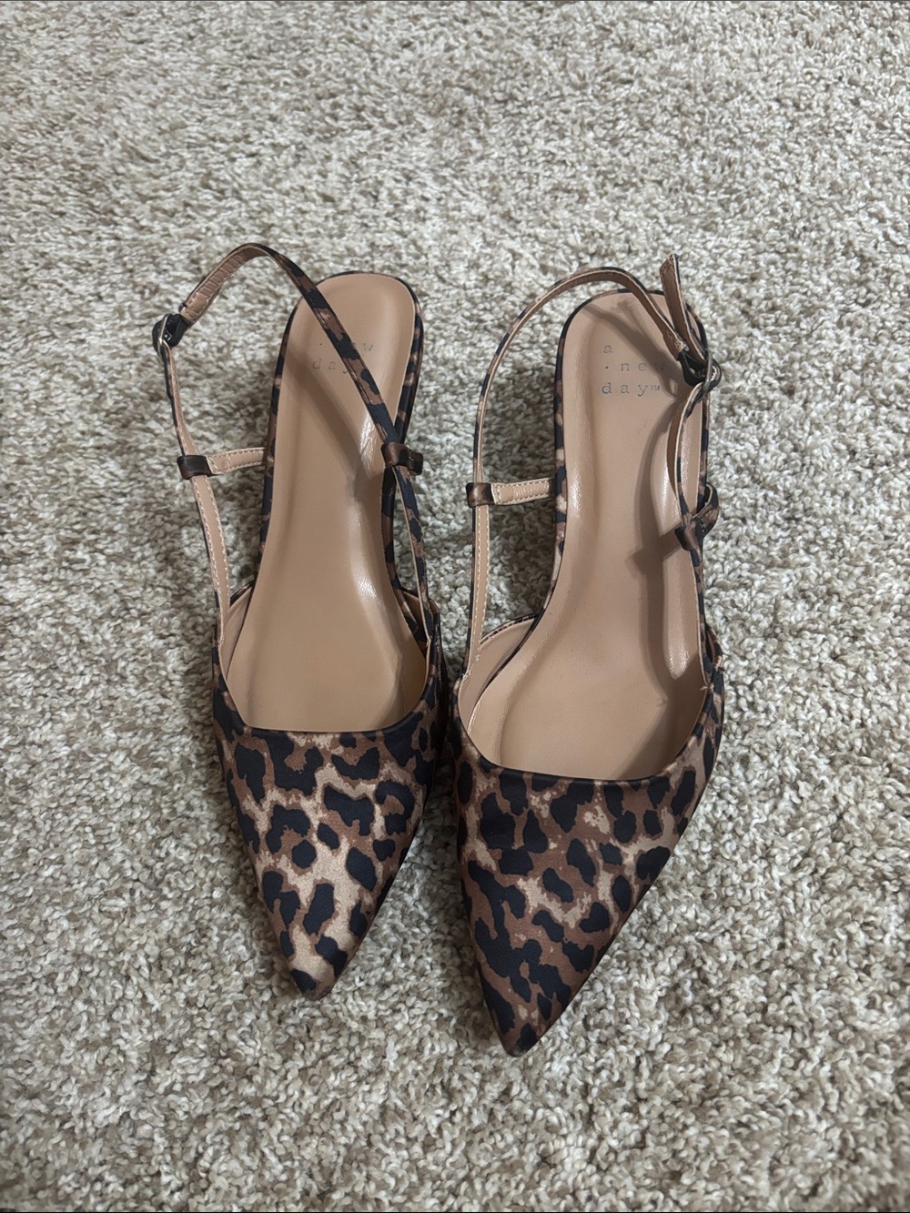 A New Day Leopard Print Pointed Toe Slingback Kitten Heels- Brown